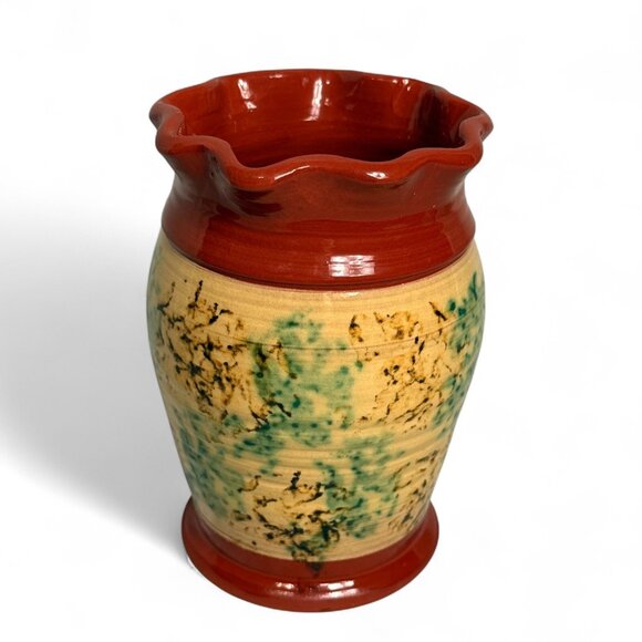 Jeff White Spongeware Pottery Vase Americana Redware 1984 - Picture 2 of 9